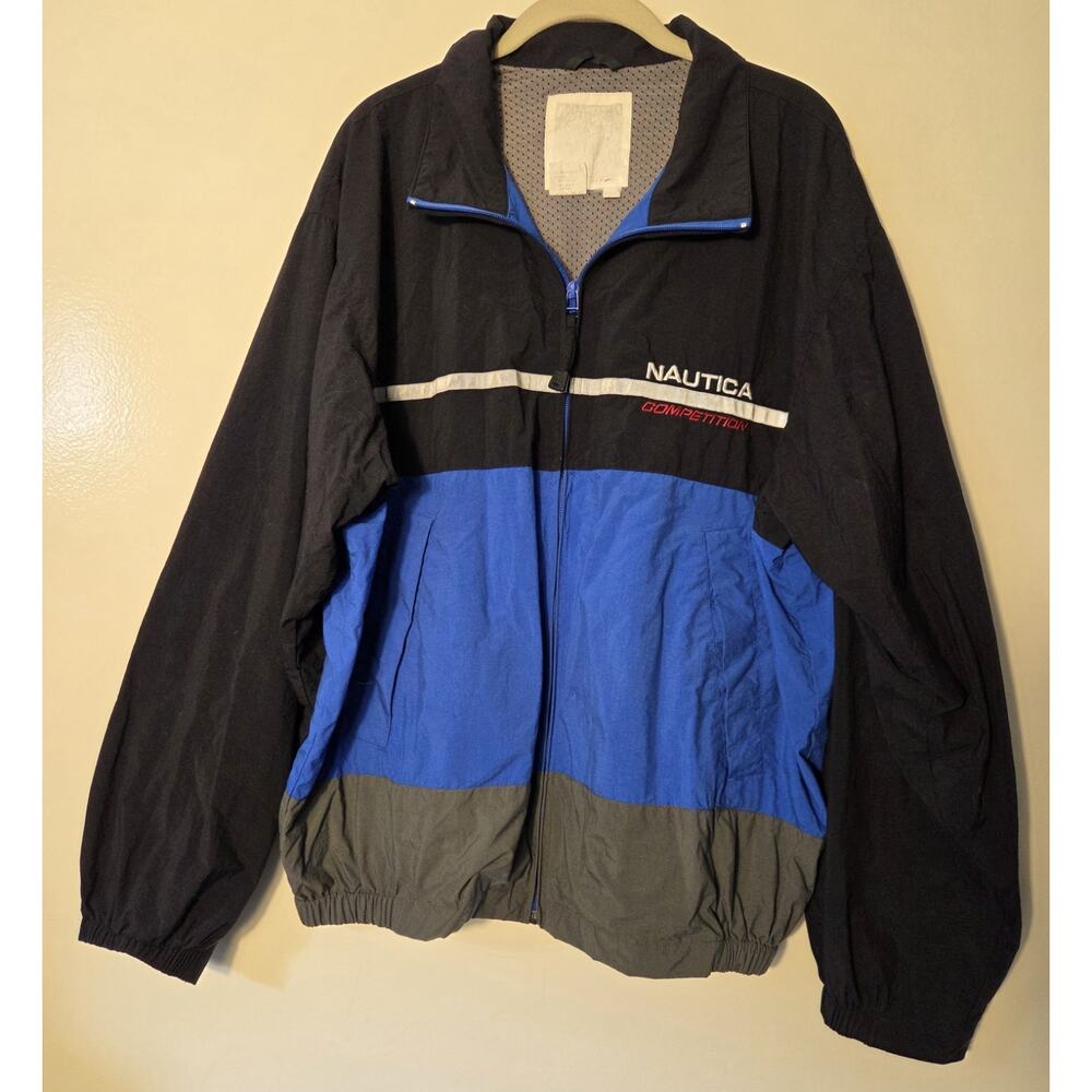 Vtg 90s Nautica Competition Jacket Colorblock Logo Windbreaker Size L Blue Black